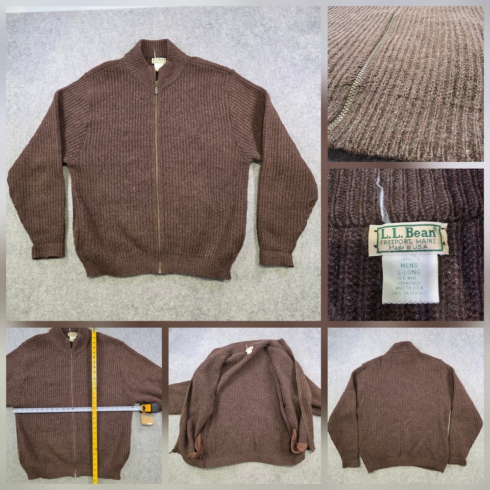 Vintage LL Bean Sweater Mens LT Brown Wool Alpaca Full Zip Mock Neck Jacket USA